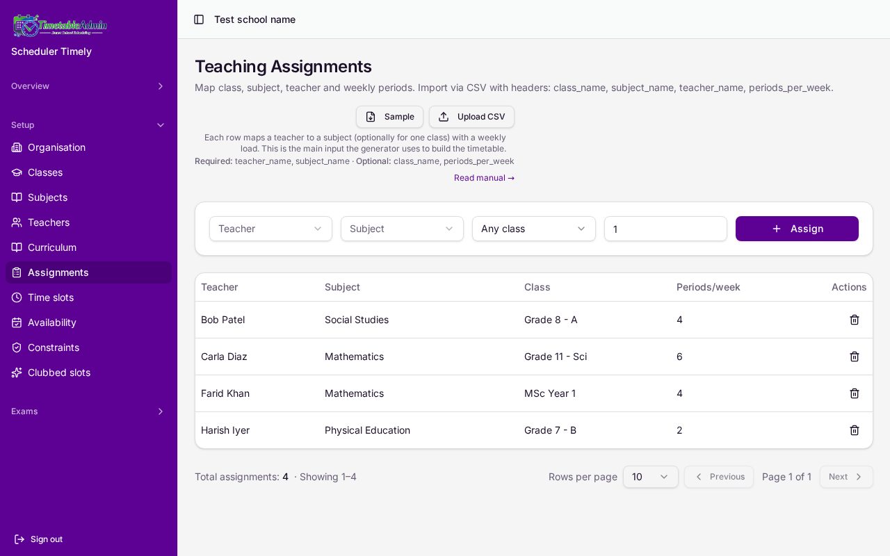 Assignments grid