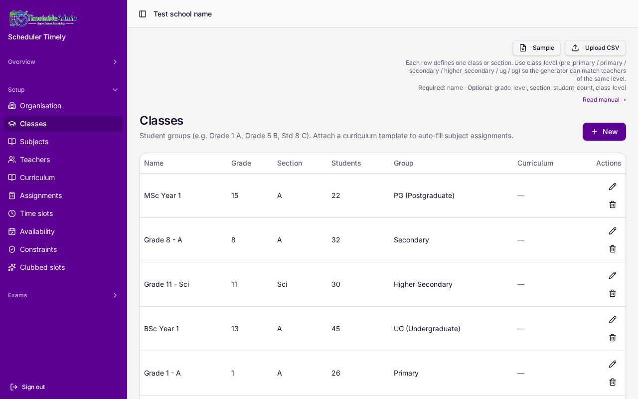 Classes section