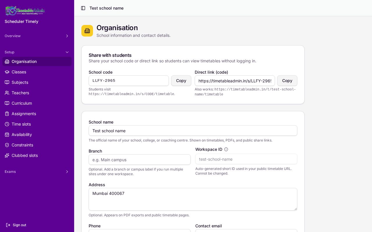 Organisation settings